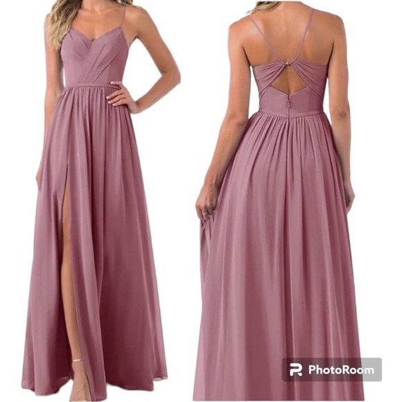 Azazie Dresses & Skirts - AZAZIE Dress Sz 16 Vintage Mauve Maxi Gown Spaghetti Strap Pearl Back Side Slit